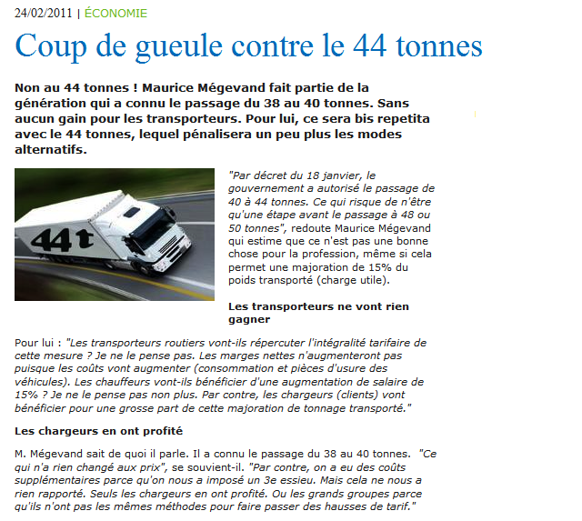 Décret de passage de 40 à 44 Tonnes des ensembles routiers.